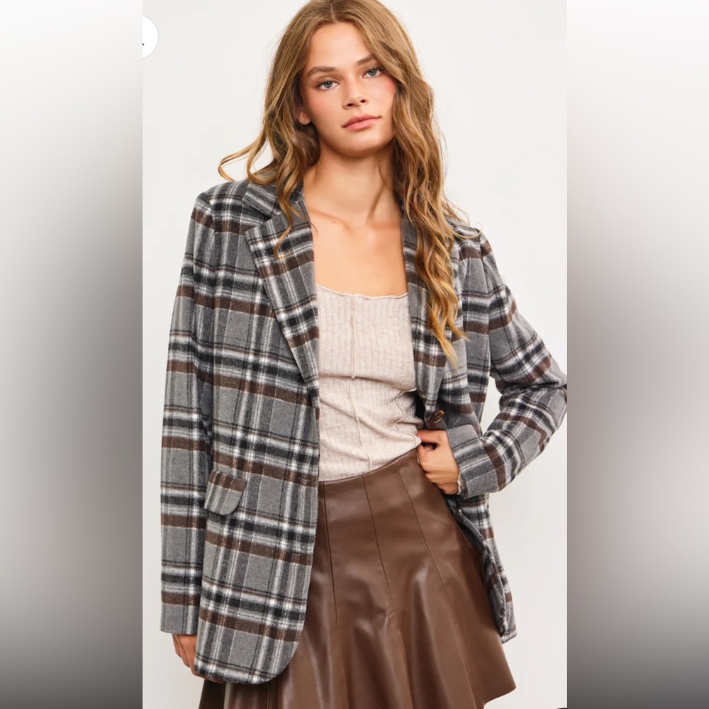 Mustard Seed Soft Plaid Flannel Oversized Multicolor Blazer Dark Academia NWT